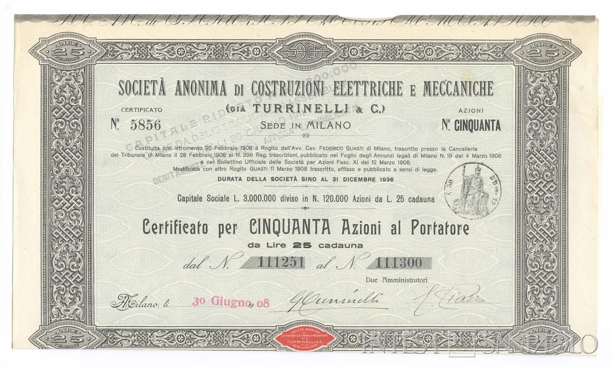 Costruzioni elettriche e meccaniche (già Turrinelli & C.) SA, certificati azionari al portatore - recto d