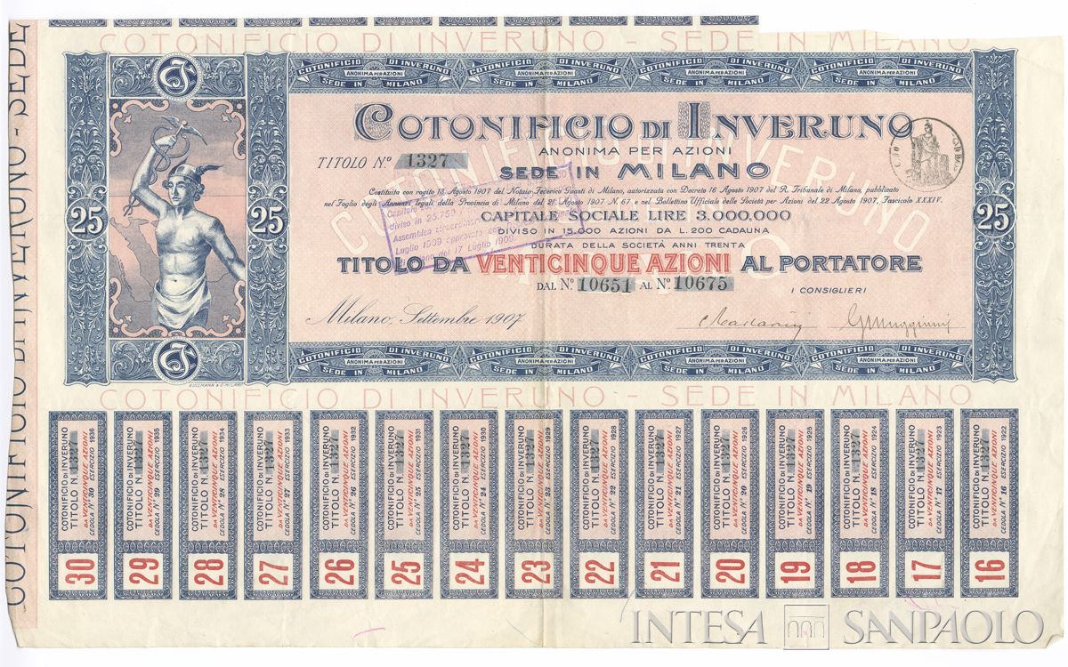 Cotonificio di Inveruno SA, certificati azionari al portatore - recto