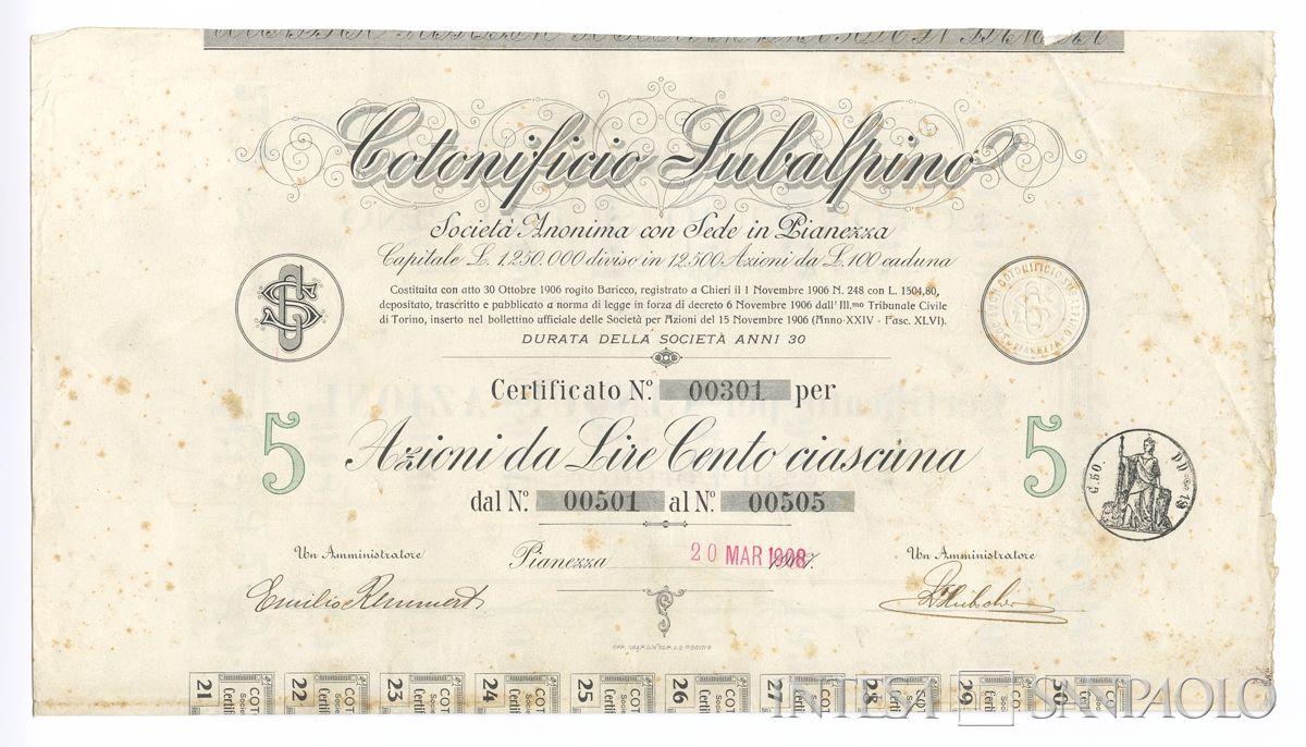 Cotonificio Subalpino SA, certificato azionario al portatore - recto