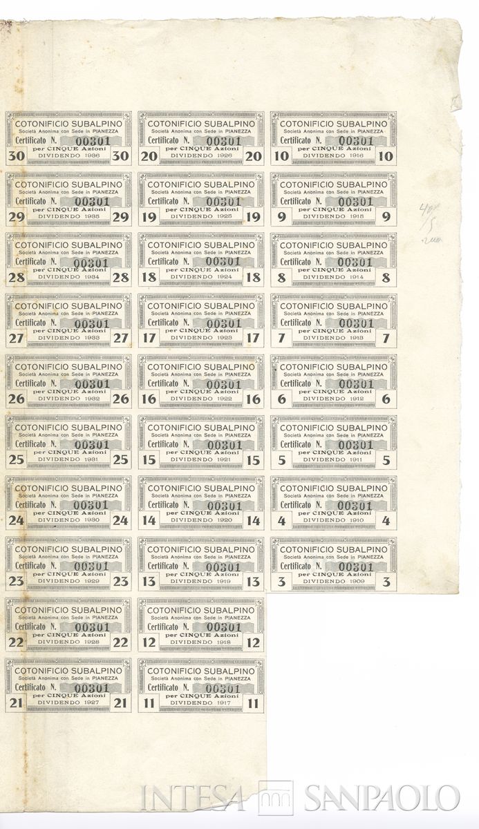 Cotonificio Subalpino SA, certificato azionario al portatore - recto