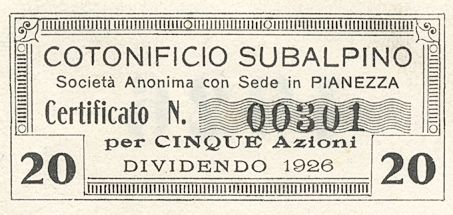 Cotonificio Subalpino SA, certificato azionario al portatore - dettaglio