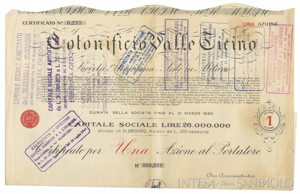 Cotonificio Valle Ticino SA, certificati azionari al portatore - recto a