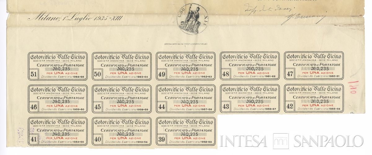 Cotonificio Valle Ticino SA, certificati azionari al portatore - recto a