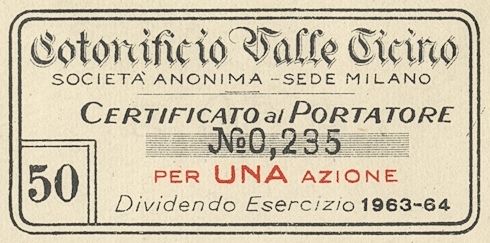 Cotonificio Valle Ticino SA, certificati azionari al portatore - dettaglio