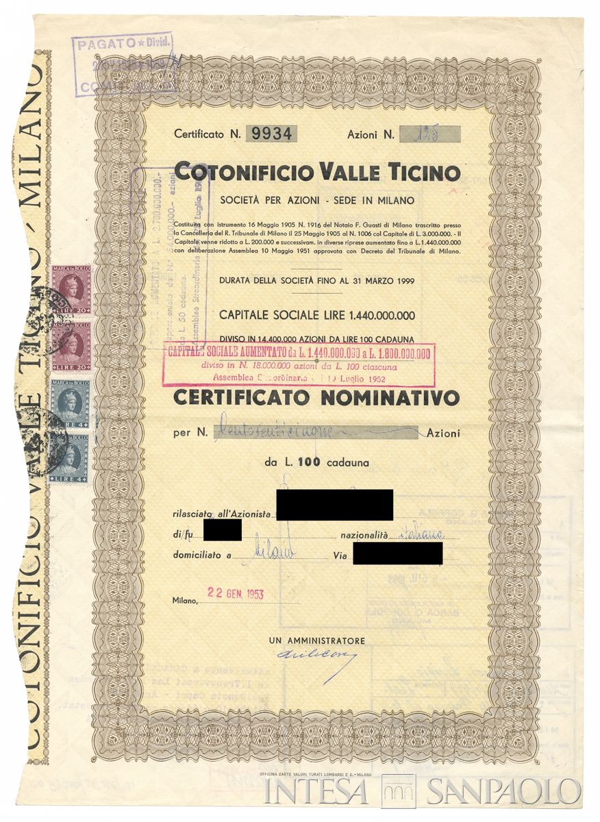 Cotonificio Valle Ticino SpA, certificati azionari nominativi - recto a