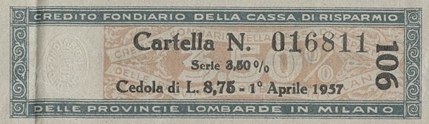 Credito Fondiario della Cariplo, cartella al portatore - dettaglio