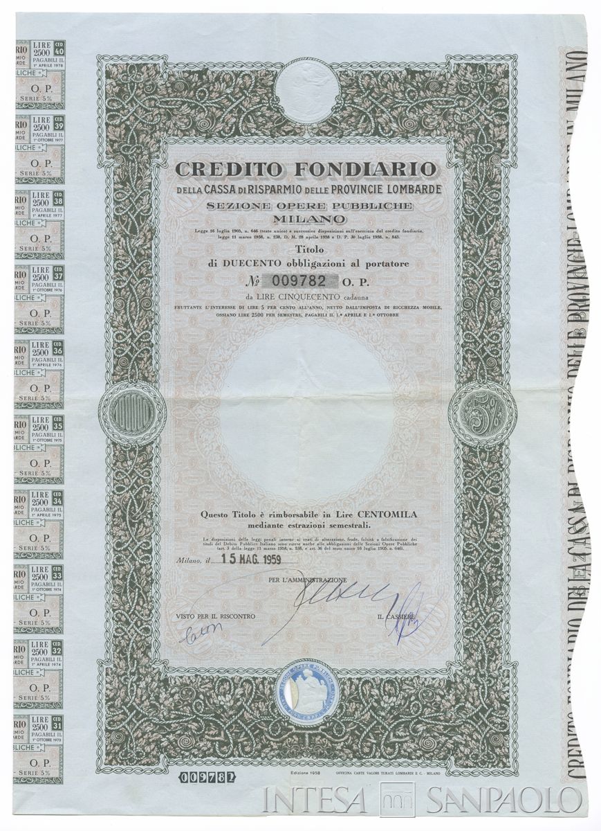 Credito Fondiario della Cariplo - Sezione opere pubbliche, certificato obbligazionario al portatore - recto