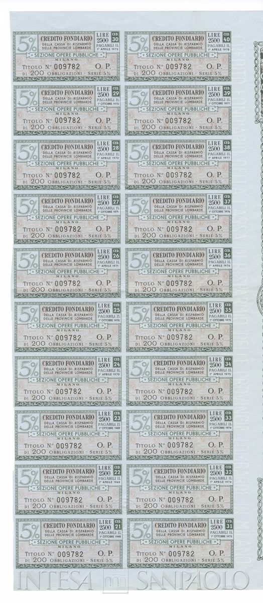 Credito Fondiario della Cariplo - Sezione opere pubbliche, certificato obbligazionario al portatore - recto