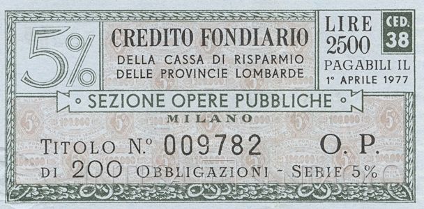 Credito Fondiario della Cariplo - Sezione opere pubbliche, certificato obbligazionario al portatore - dettaglio