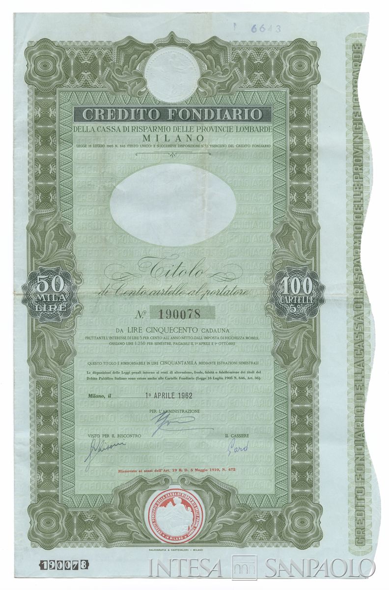 Credito Fondiario della Cariplo, cartelle al portatore