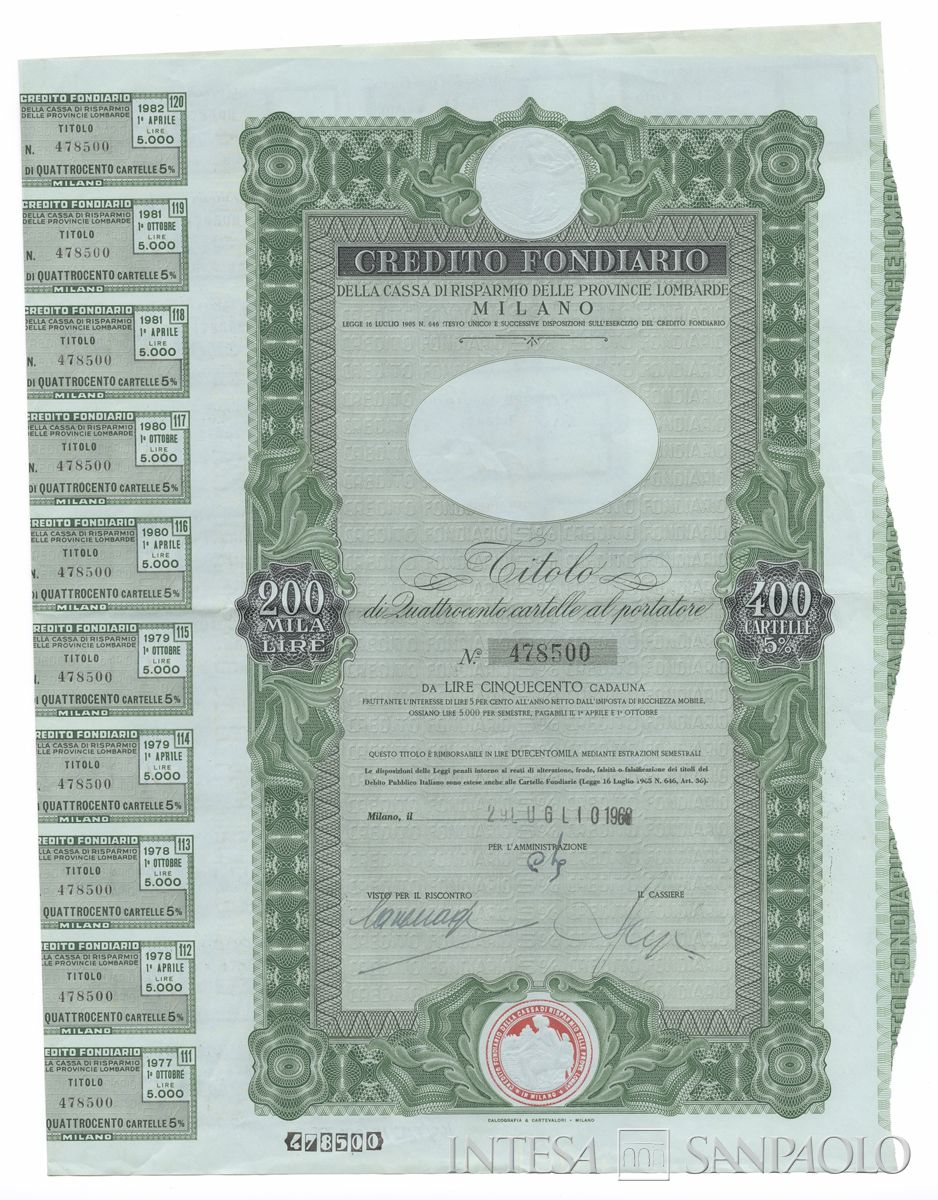 Credito Fondiario della Cariplo, cartelle al portatore - recto a