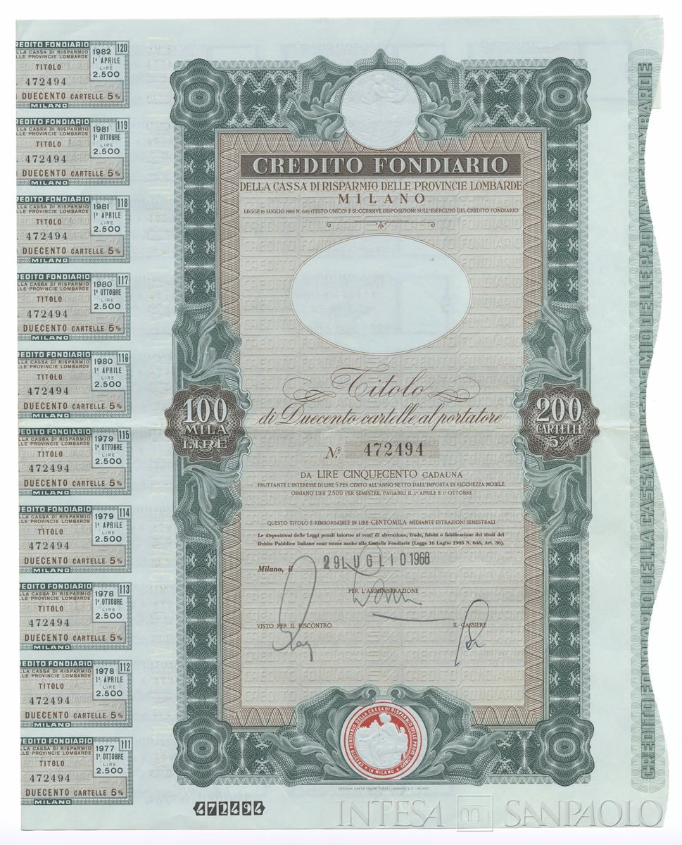 Credito Fondiario della Cariplo, cartelle al portatore - recto b