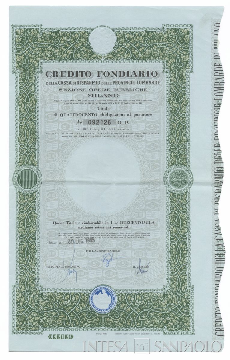 Credito Fondiario della Cariplo - Sezione opere pubbliche, certificato obbligazionario al portatore - recto