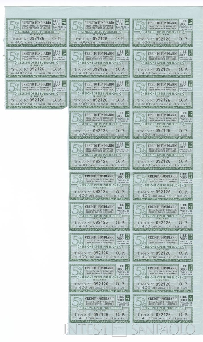 Credito Fondiario della Cariplo - Sezione opere pubbliche, certificato obbligazionario al portatore - recto