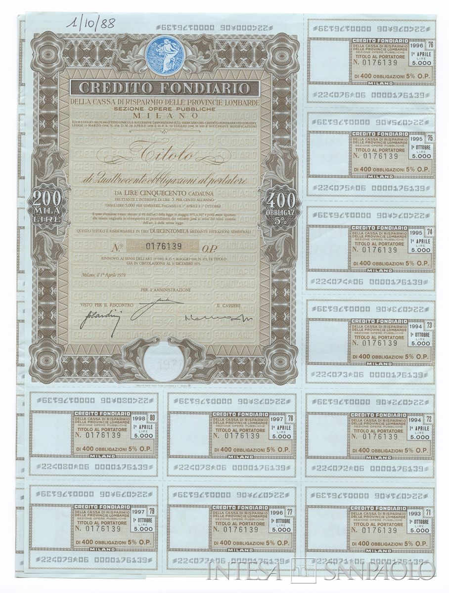 Credito Fondiario della Cariplo - Sezione opere pubbliche, certificati obbligazionari al portatore - recto a