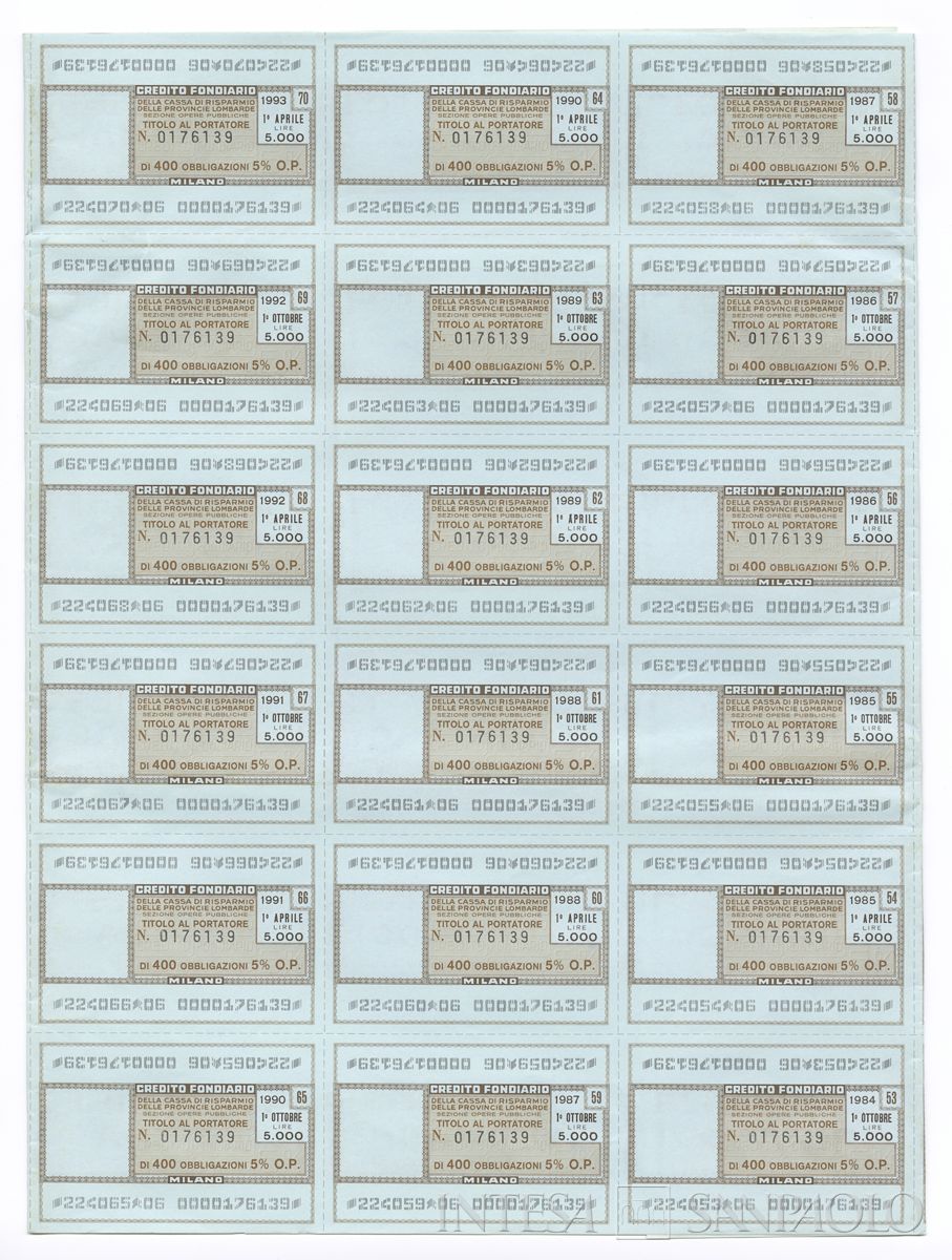 Credito Fondiario della Cariplo - Sezione opere pubbliche, certificati obbligazionari al portatore - recto a