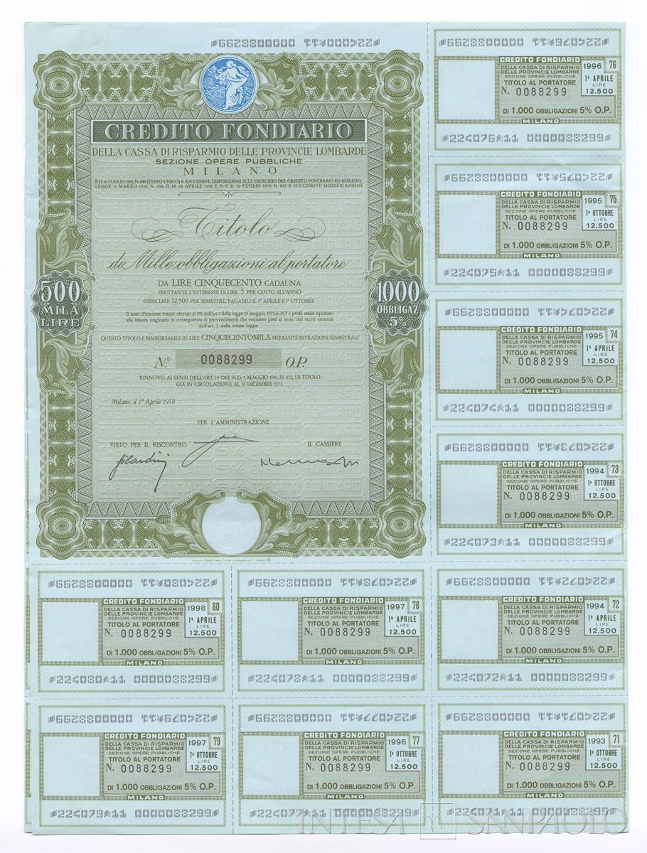 Credito Fondiario della Cariplo - Sezione opere pubbliche, certificati obbligazionari al portatore - recto b