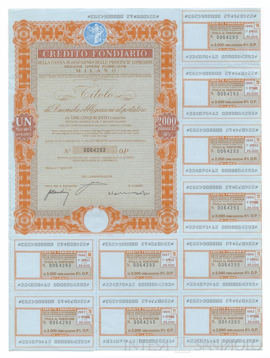 Credito Fondiario della Cariplo - Sezione opere pubbliche, certificati obbligazionari al portatore - recto c