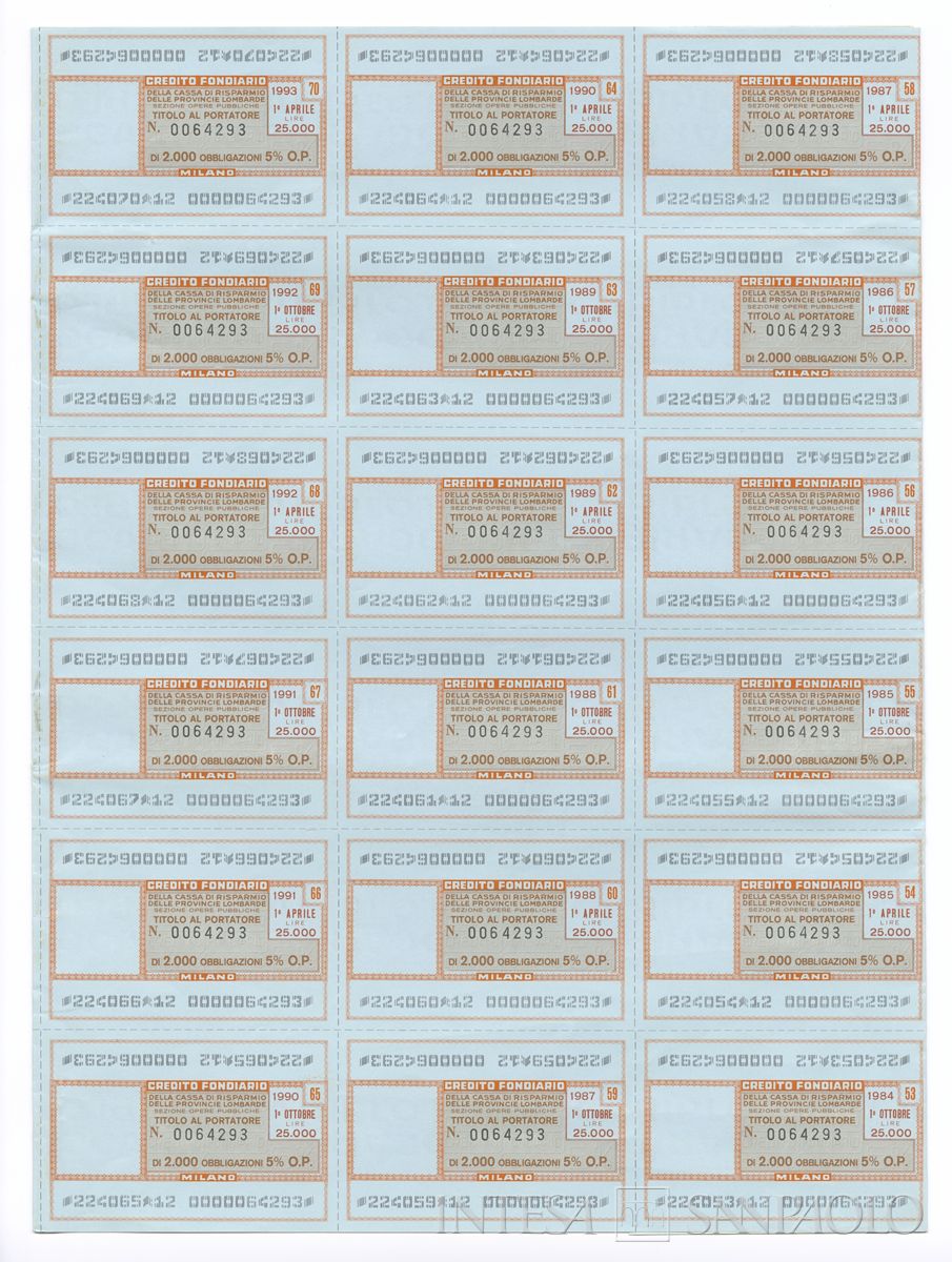 Credito Fondiario della Cariplo - Sezione opere pubbliche, certificati obbligazionari al portatore - recto c