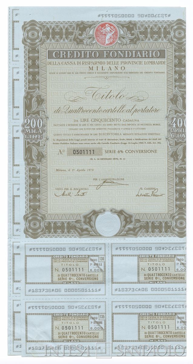 Credito Fondiario della Cariplo, cartelle al portatore - recto a