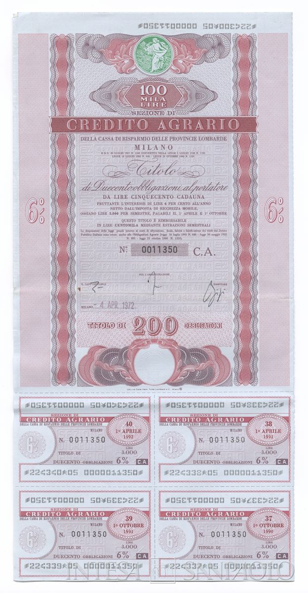 Credito Fondiario della Cariplo, cartelle al portatore - recto c