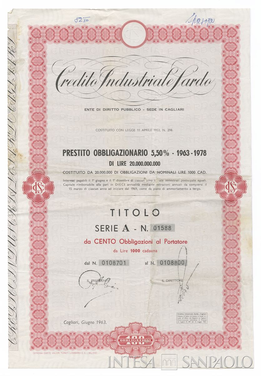 Credito Industriale Sardo (CIS), certificati obbligazionari al portatore - recto a