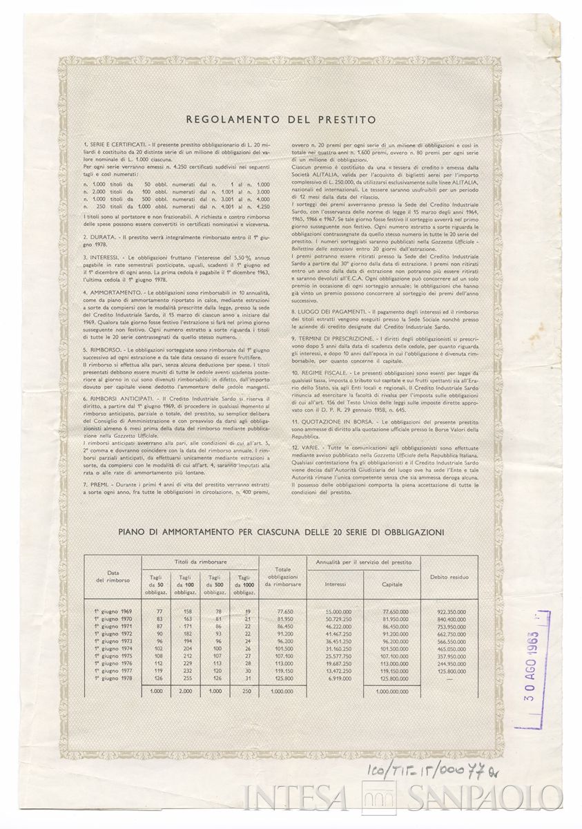 Credito Industriale Sardo (CIS), certificati obbligazionari al portatore - verso a