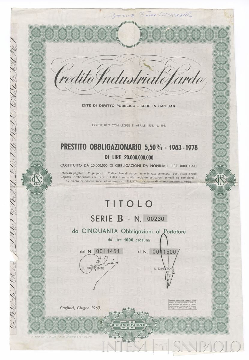 Credito Industriale Sardo (CIS), certificati obbligazionari al portatore - recto b
