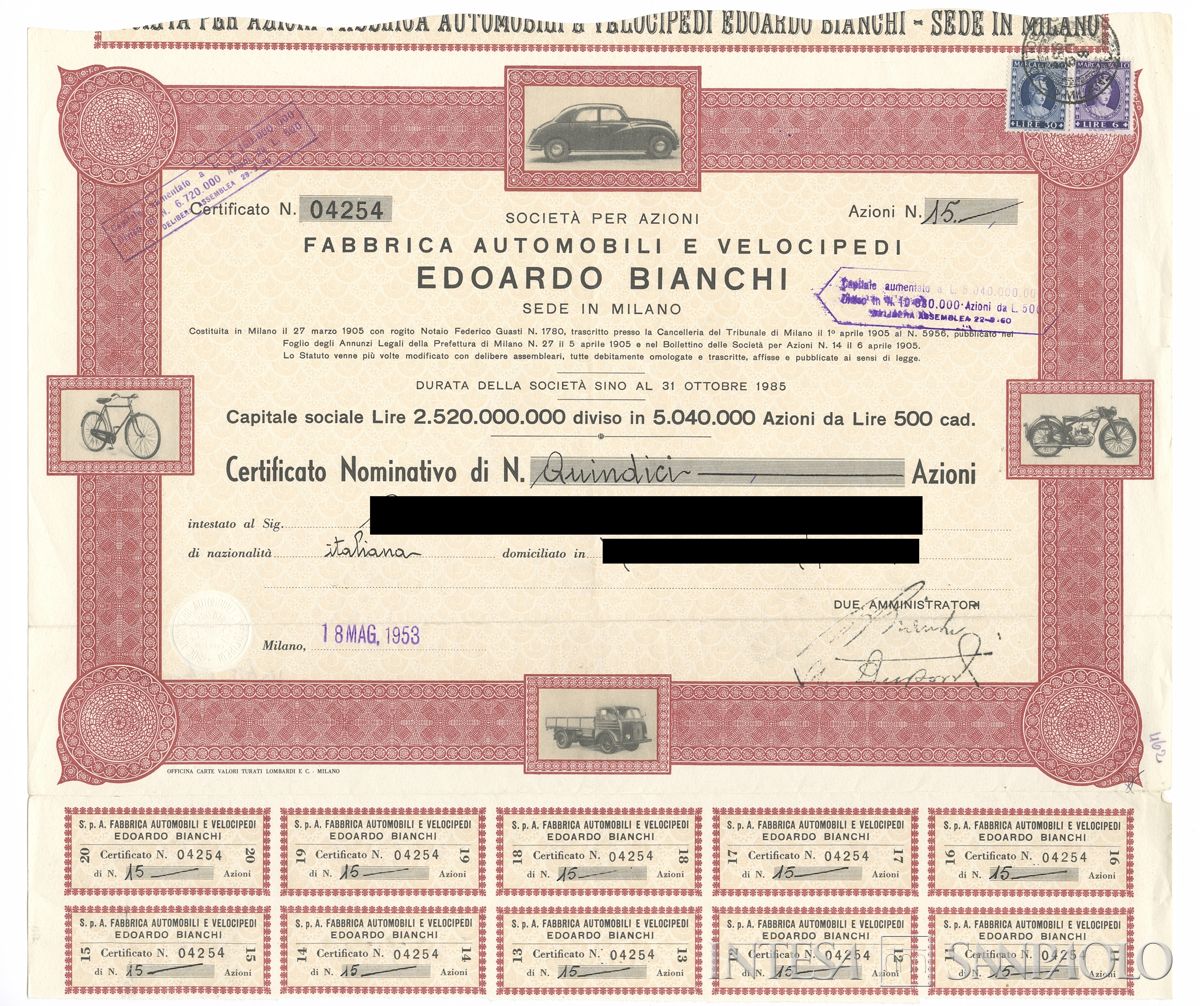 Edoardo Bianchi Fabbrica automobili e velocipedi SpA, certificato azionario nominativo - recto
