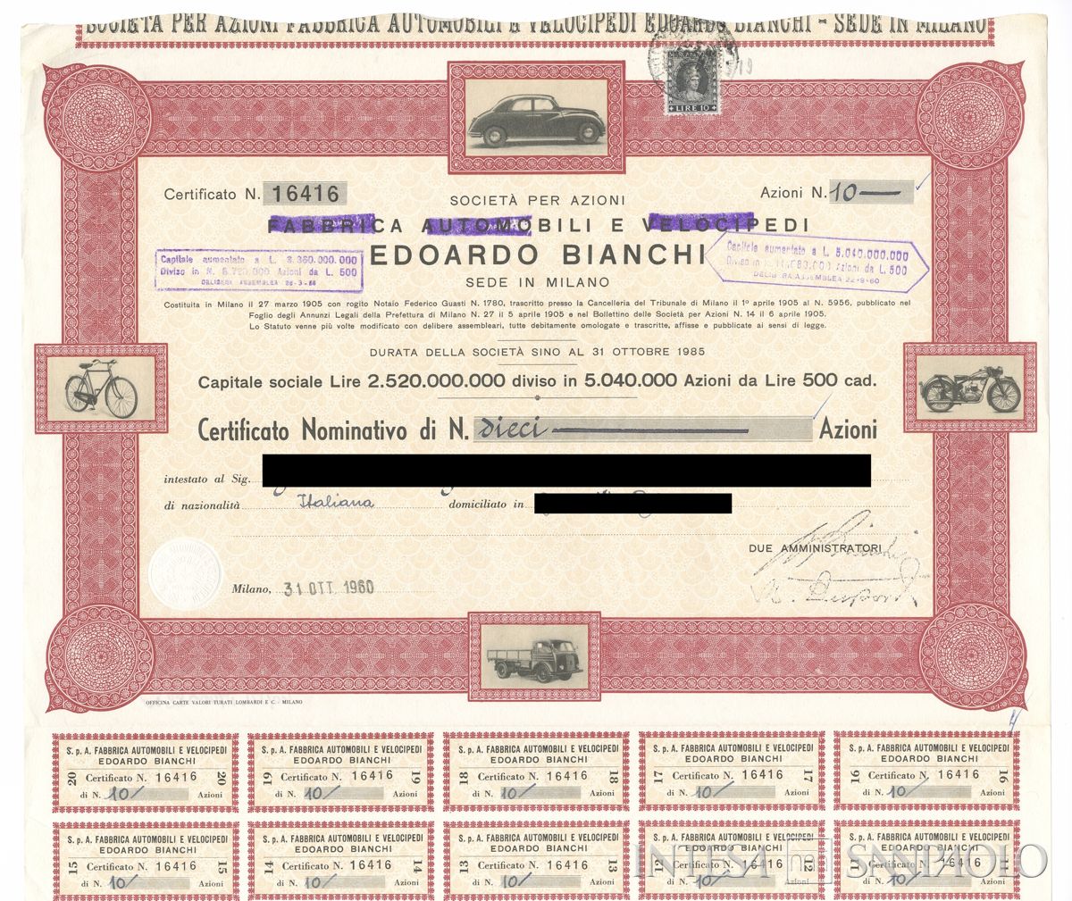 Edoardo Bianchi Fabbrica automobili e velocipedi SpA, certificati azionari nominativi - recto a