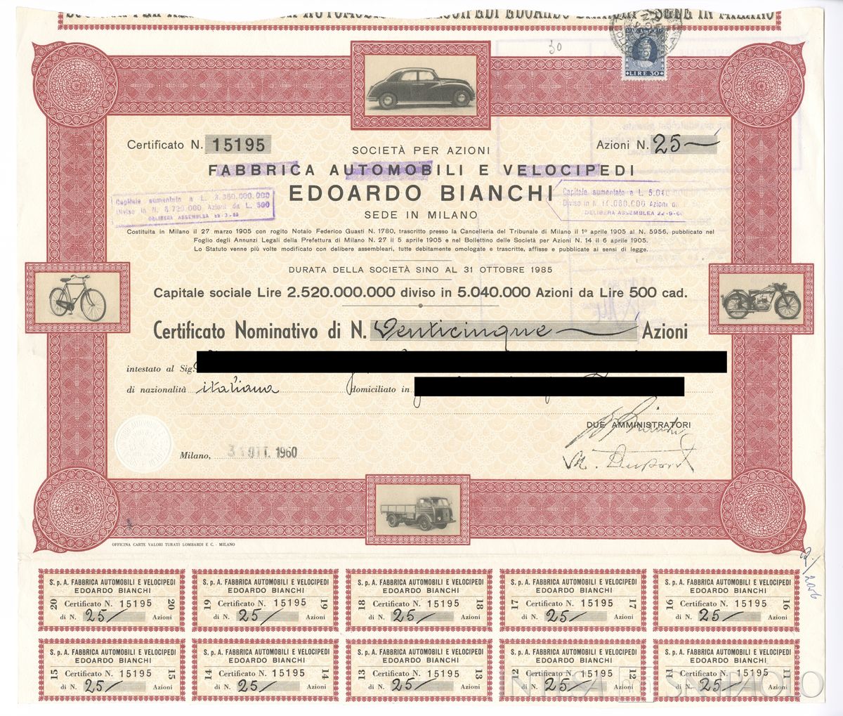 Edoardo Bianchi Fabbrica automobili e velocipedi SpA, certificati azionari nominativi - recto b