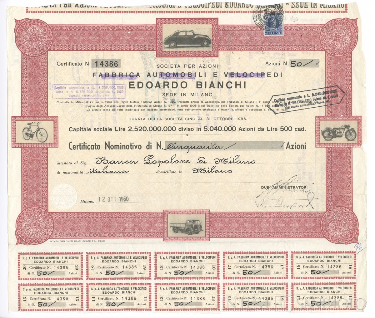 Edoardo Bianchi Fabbrica automobili e velocipedi SpA, certificati azionari nominativi - recto c