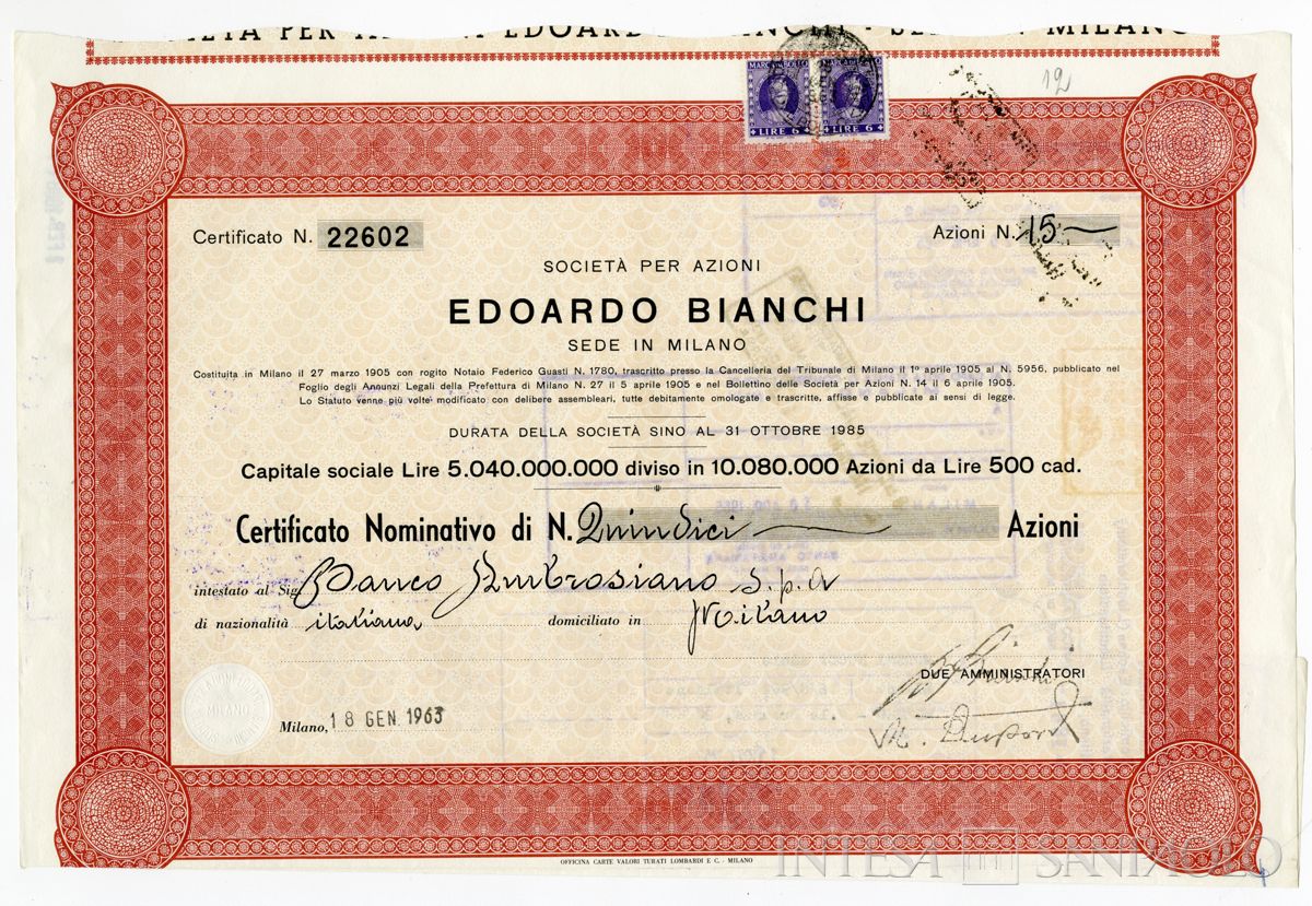 Edoardo Bianchi Fabbrica automobili e velocipedi SpA, certificato azionario nominativo - recto b