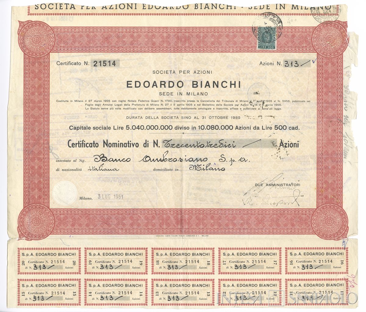 Edoardo Bianchi Fabbrica automobili e velocipedi SpA, certificato azionario nominativo - recto a