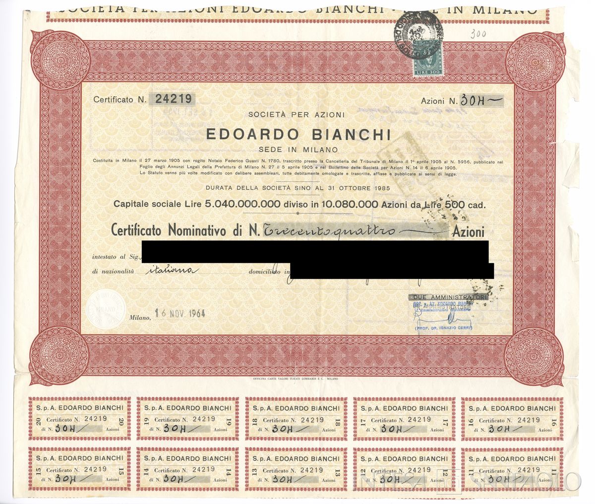 Edoardo Bianchi Fabbrica automobili e velocipedi SpA, certificato azionario nominativo - recto c