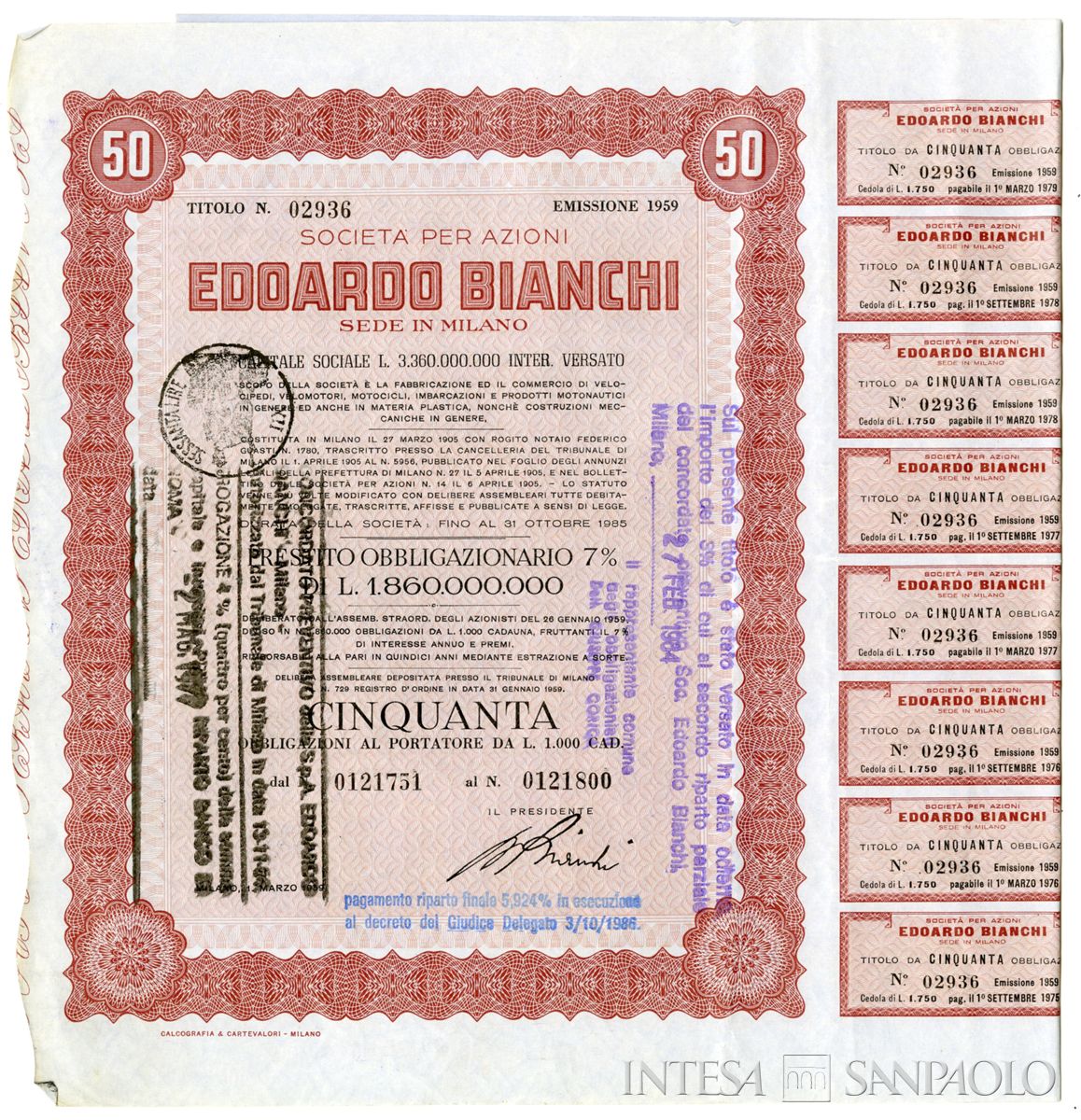 Edoardo Bianchi Fabbrica automobili e velocipedi SpA, certificato obbligazionario al portatore - recto
