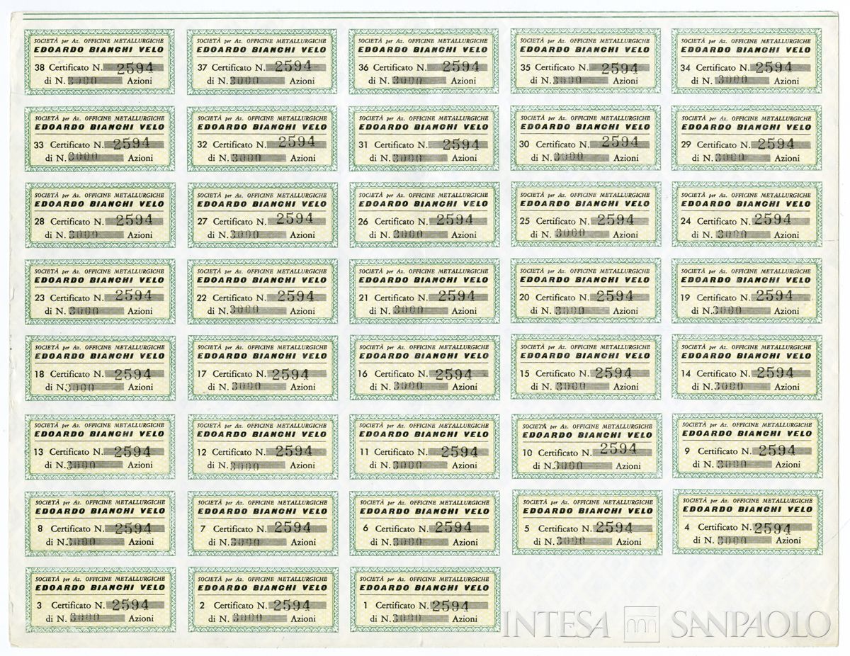 Edoardo Bianchi Velo Officine Metallurgiche SpA, certificato azionario nominativo