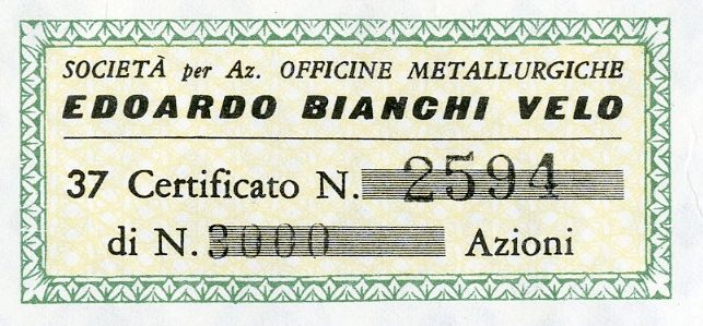 Edoardo Bianchi Velo Officine Metallurgiche SpA, certificato azionario nominativo - dettaglio