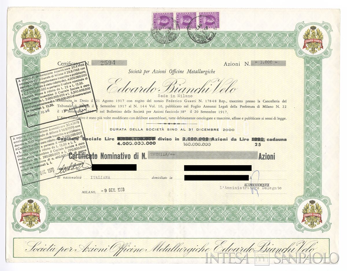 Edoardo Bianchi Velo Officine Metallurgiche SpA, certificato azionario nominativo