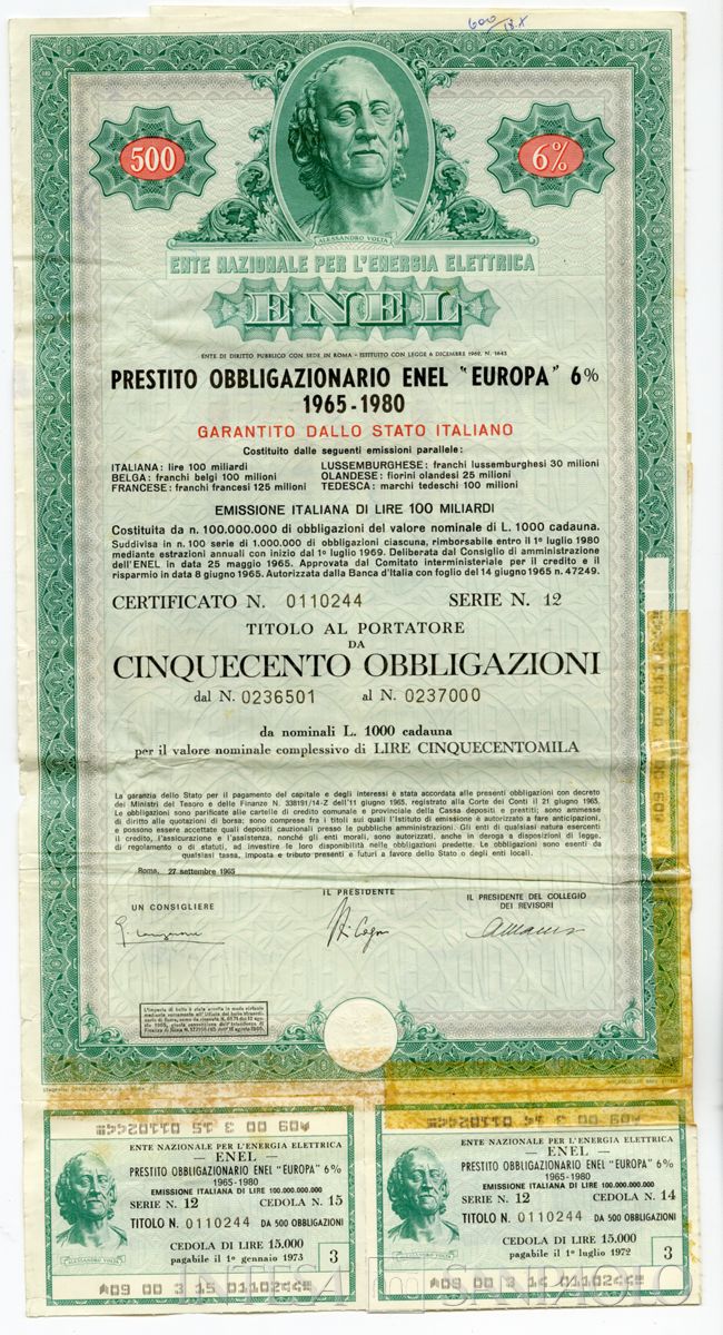 ENEL Ente nazionale per l'energia elettrica, certificati obbligazionari Enel "Europa" al portatore - recto c