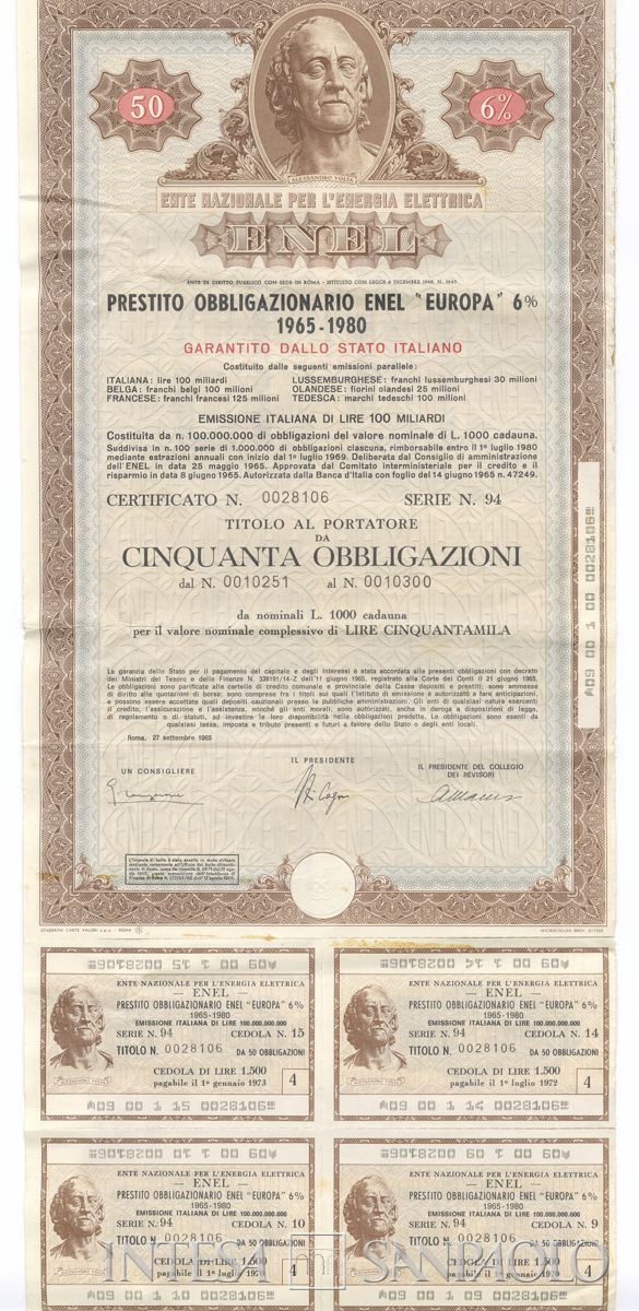 ENEL Ente nazionale per l'energia elettrica, certificati obbligazionari Enel "Europa" al portatore - recto a