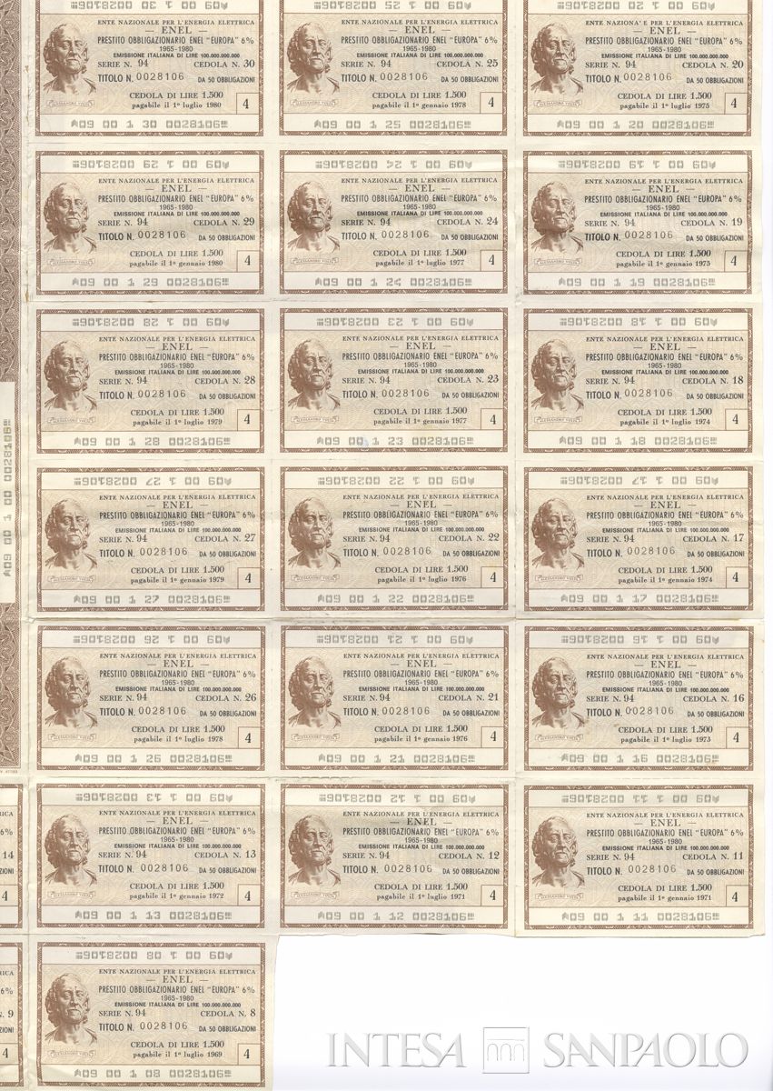 ENEL Ente nazionale per l'energia elettrica, certificati obbligazionari Enel "Europa" al portatore - recto a
