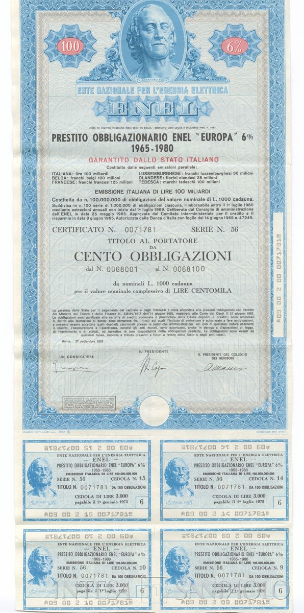 ENEL Ente nazionale per l'energia elettrica, certificati obbligazionari Enel "Europa" al portatore - recto b