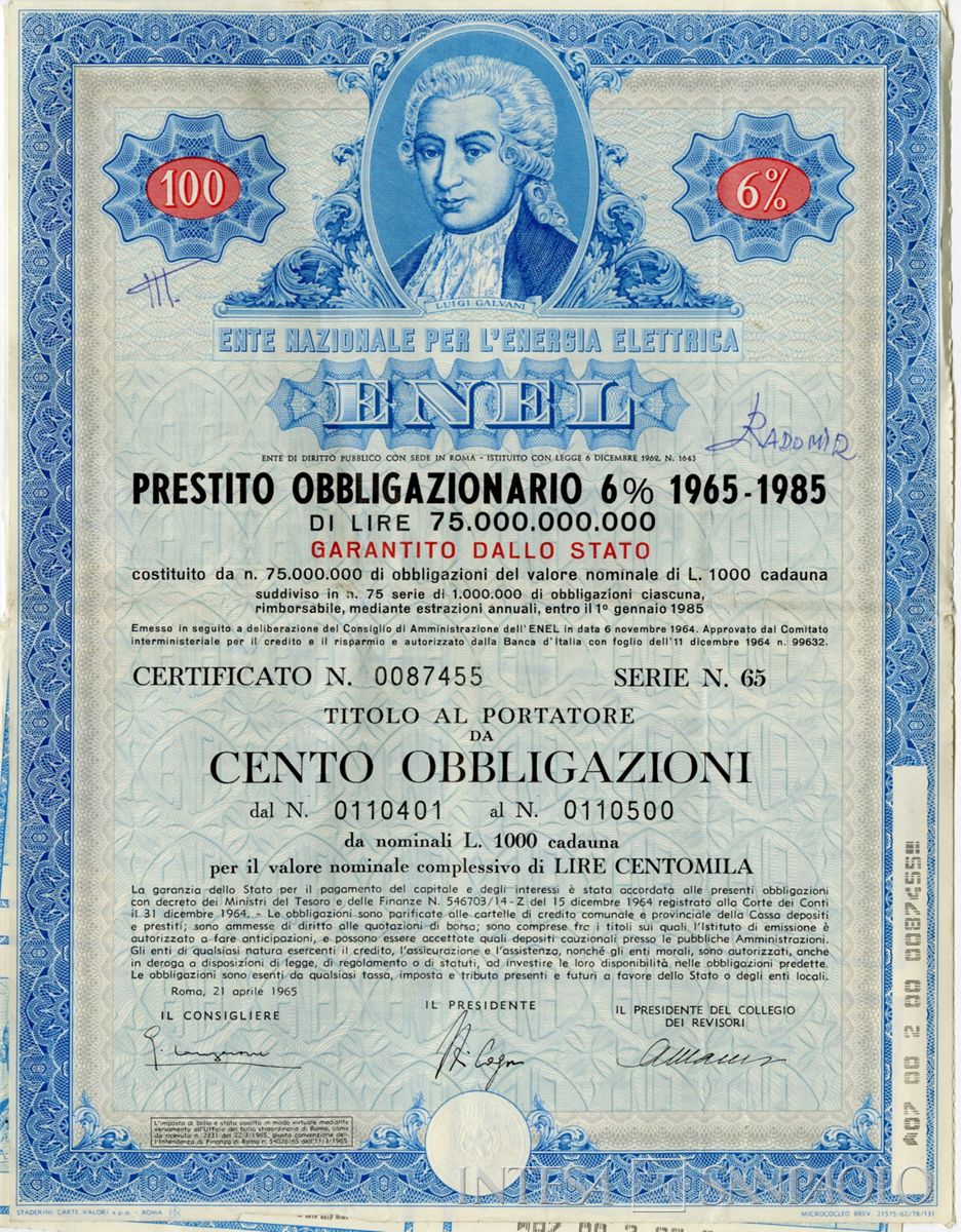 ENEL Ente nazionale per l'energia elettrica, certificati obbligazionari al portatore - a
