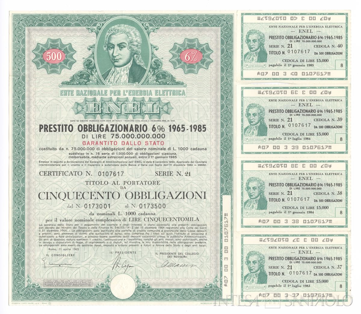 ENEL Ente nazionale per l'energia elettrica, certificati obbligazionari al portatore - recto b