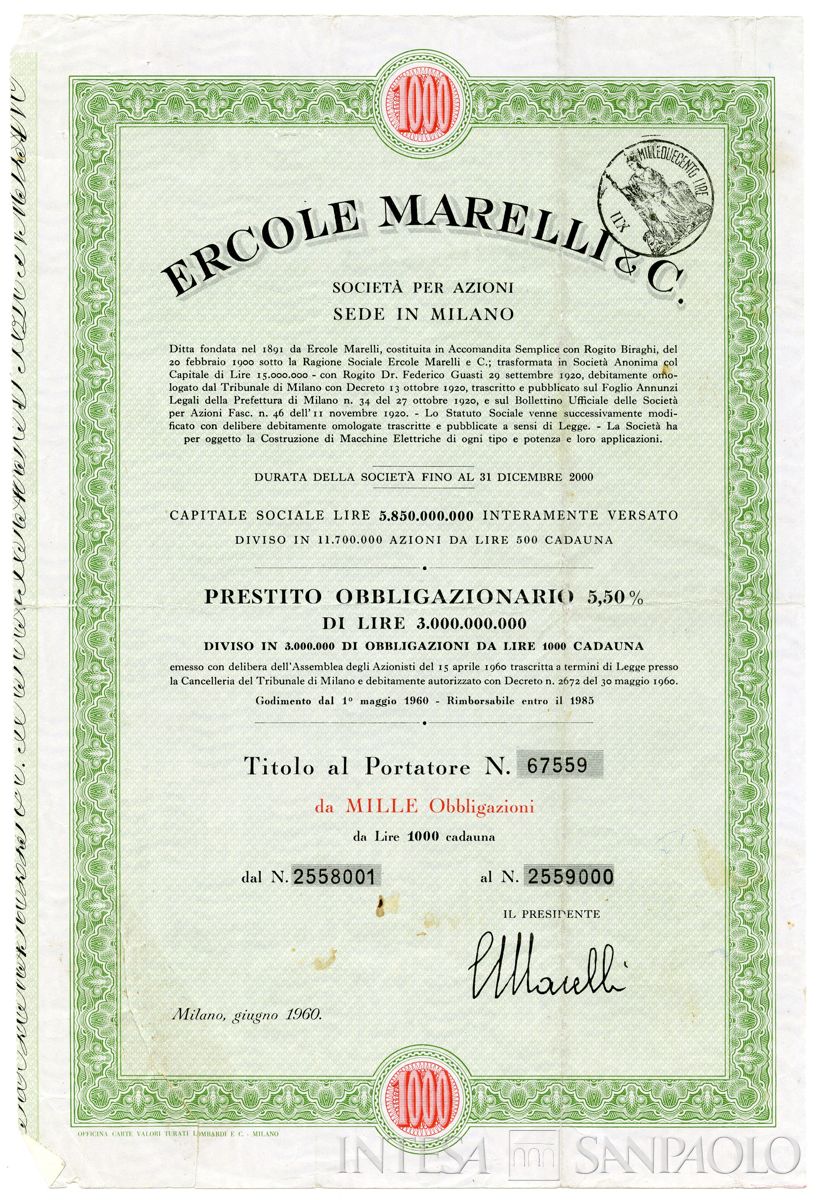 Ercole Marelli & C. SpA, certificati obbligazionari al portatore - recto d