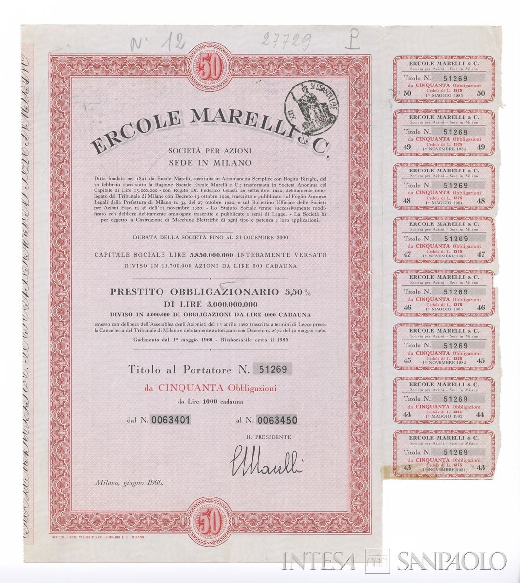 Ercole Marelli & C. SpA, certificati obbligazionari al portatore - recto a