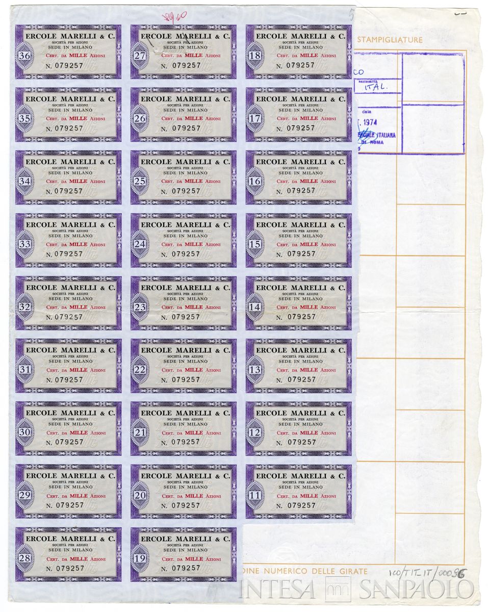 Ercole Marelli & C. SpA, certificato azionario nominativo