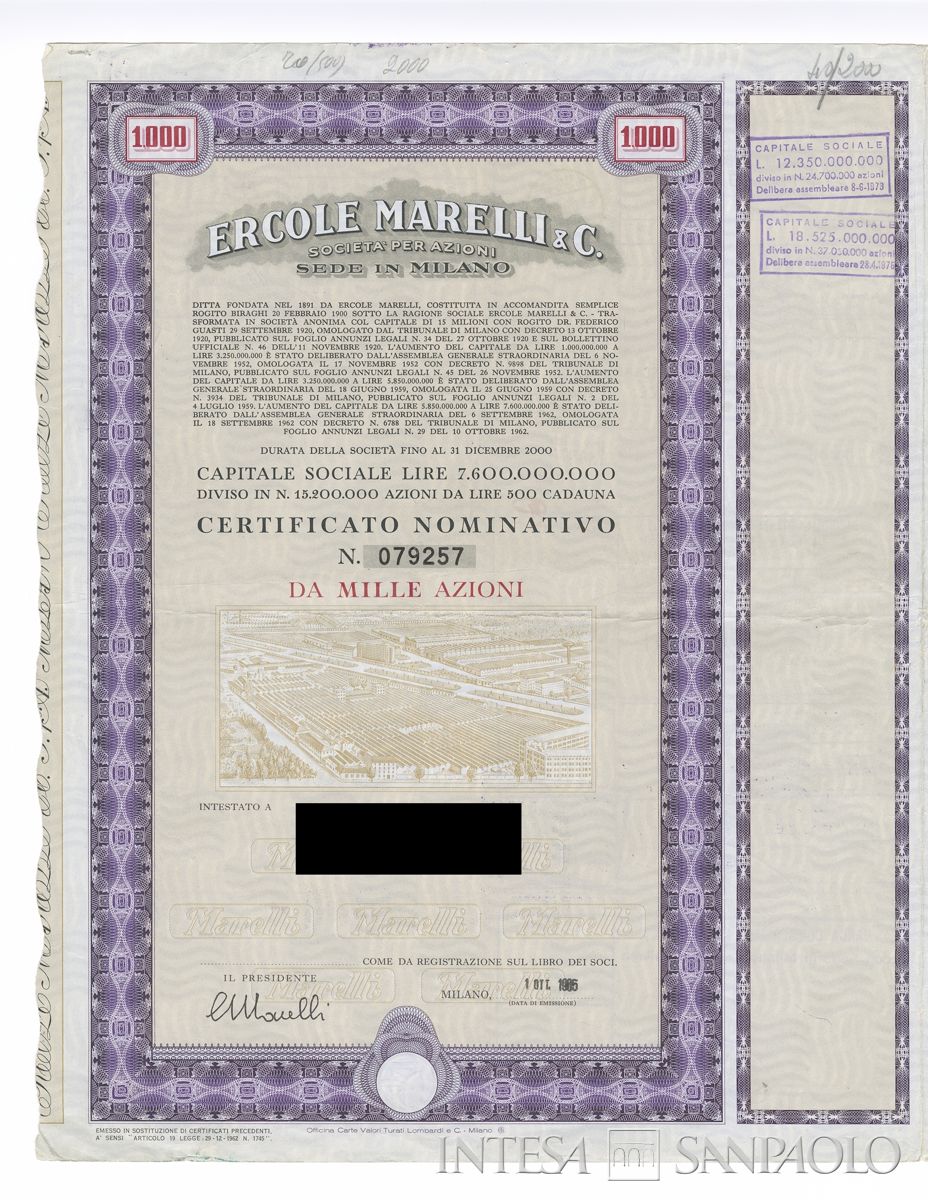 Ercole Marelli & C. SpA, certificato azionario nominativo