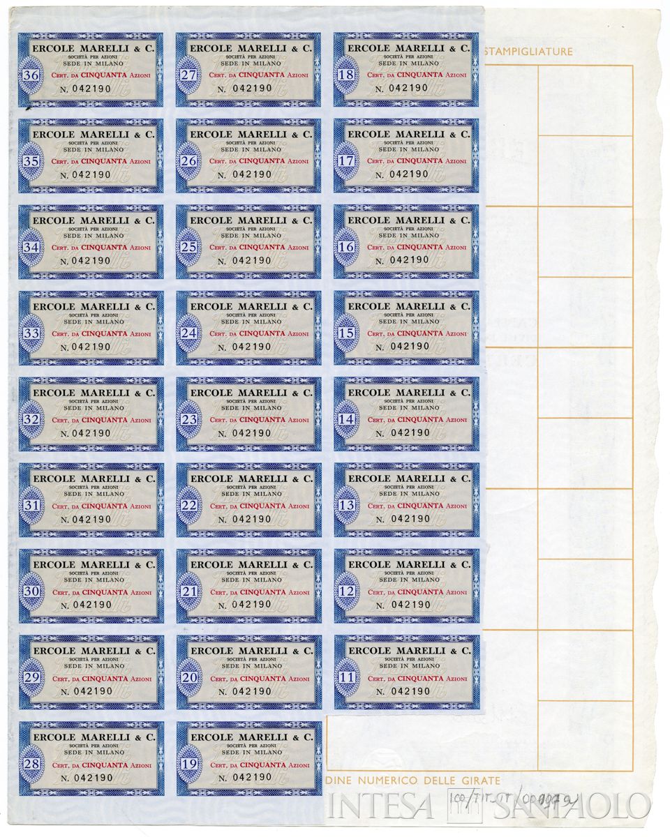 Ercole Marelli & C. SpA, certificati azionari nominativi - recto a
